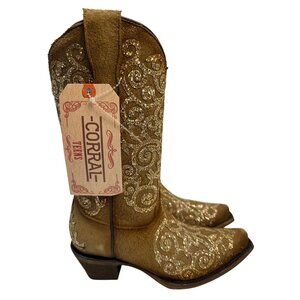 CORRAL Youth‎ Embroidery & Tan Overlay Studs Boots T0135 Size 2.5